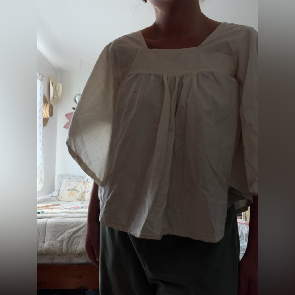 Cream Boxy 3/4 Sleeve Blouse with Bib Collar